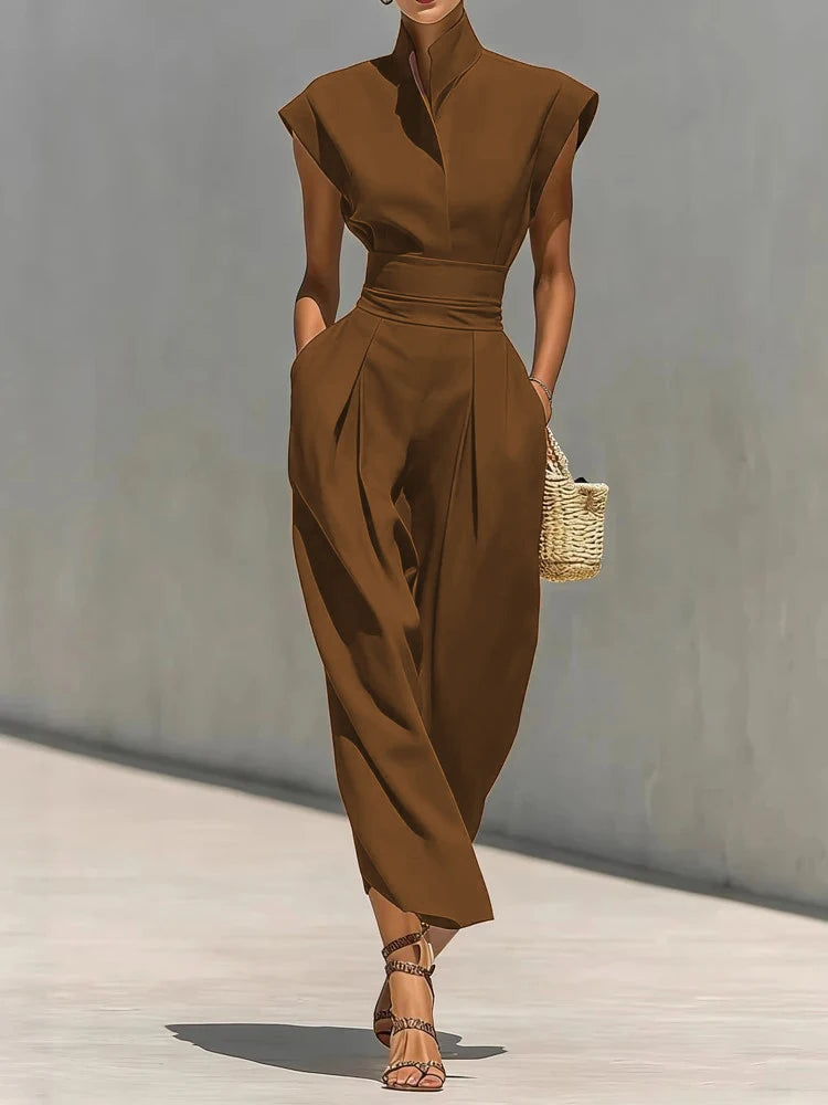 Summer New High Waist Pocket Dress Elegant Lady Slim Pleated Midi Dresses Fashion Solid Stand Collar Sleeveless Commuting Dress