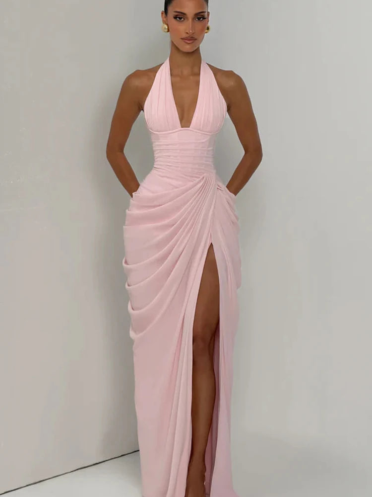 Sexy Solid Pleated Halter Dress Women Fashion Sleeveless Backless Waist-cinching Split Maxi Dresses 2026 Summer Lady Party Gowns