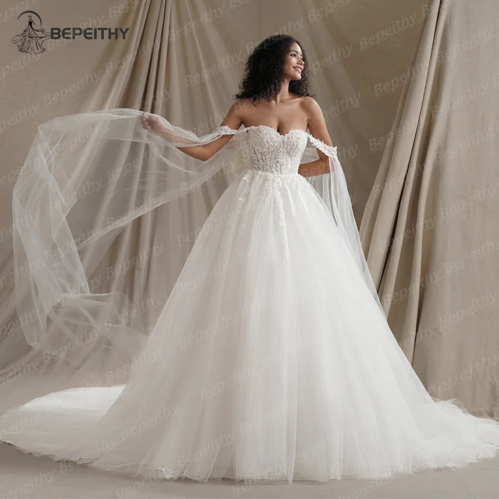 BEPEITHY Customized V Neck Cap Sleeves Princess Wedding Dresses For Women 2025 Spring Lace Boho Bridal Gown Vestidos De Novias