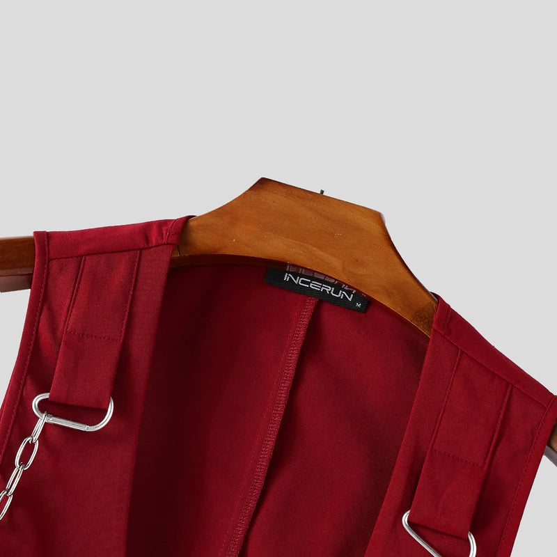 INCERUN Men Vests Solid Color Chain Decoration V Neck Sleeveless Crop Tops Men Streetwear Fashion Casual Male Waistcoats S-3XL