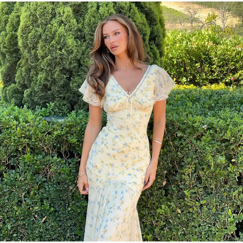 Fashion V-neck Floral Women Maxi Dress Flutter Sleeve Lace Trim High Waist Chiffon Vestidos Summer Female Daily Vacation Dresses