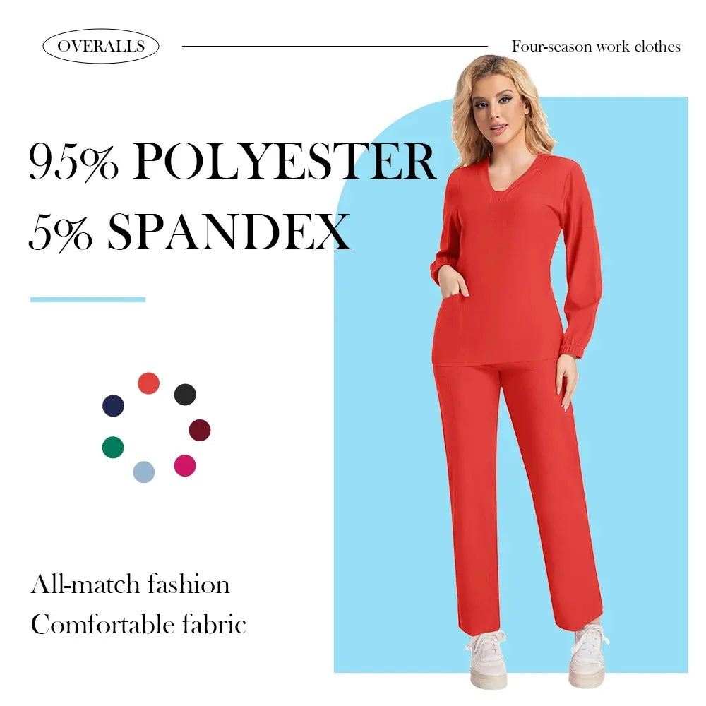 New Scrubs Nurse Uniforms Long Sleeve V-neck Top+Straight Pants Women Multicolor Nursing Scrubs Set Pet Doctor Medical Workwear