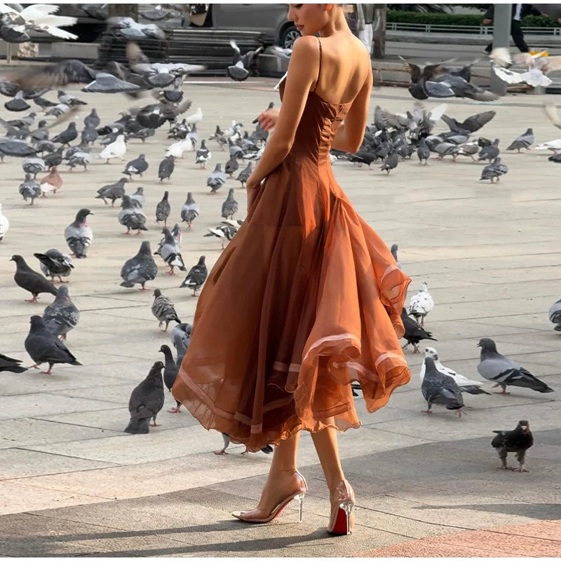 Spaghetti Strap Chiffon Lace Trim Flared Dress Sleeveless Waist Cinched 2026 Summer Formal Women Gown Chic Causal Lady Vestido