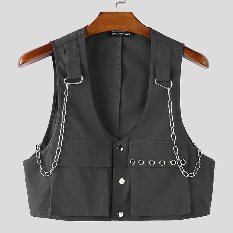INCERUN Men Vests Solid Color Chain Decoration V Neck Sleeveless Crop Tops Men Streetwear Fashion Casual Male Waistcoats S-3XL