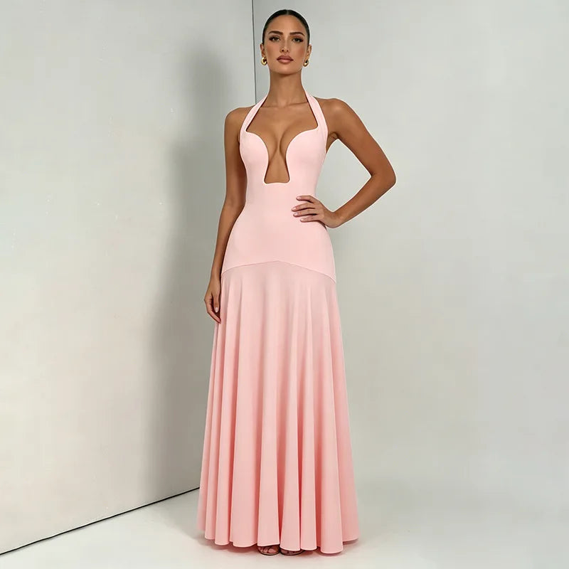 2026 NEW Summer Women Halter Front Cut Out V Neck Bodycon Maxi Dress Sleeveless Sexy Elegant Club Evening Party Long Dress