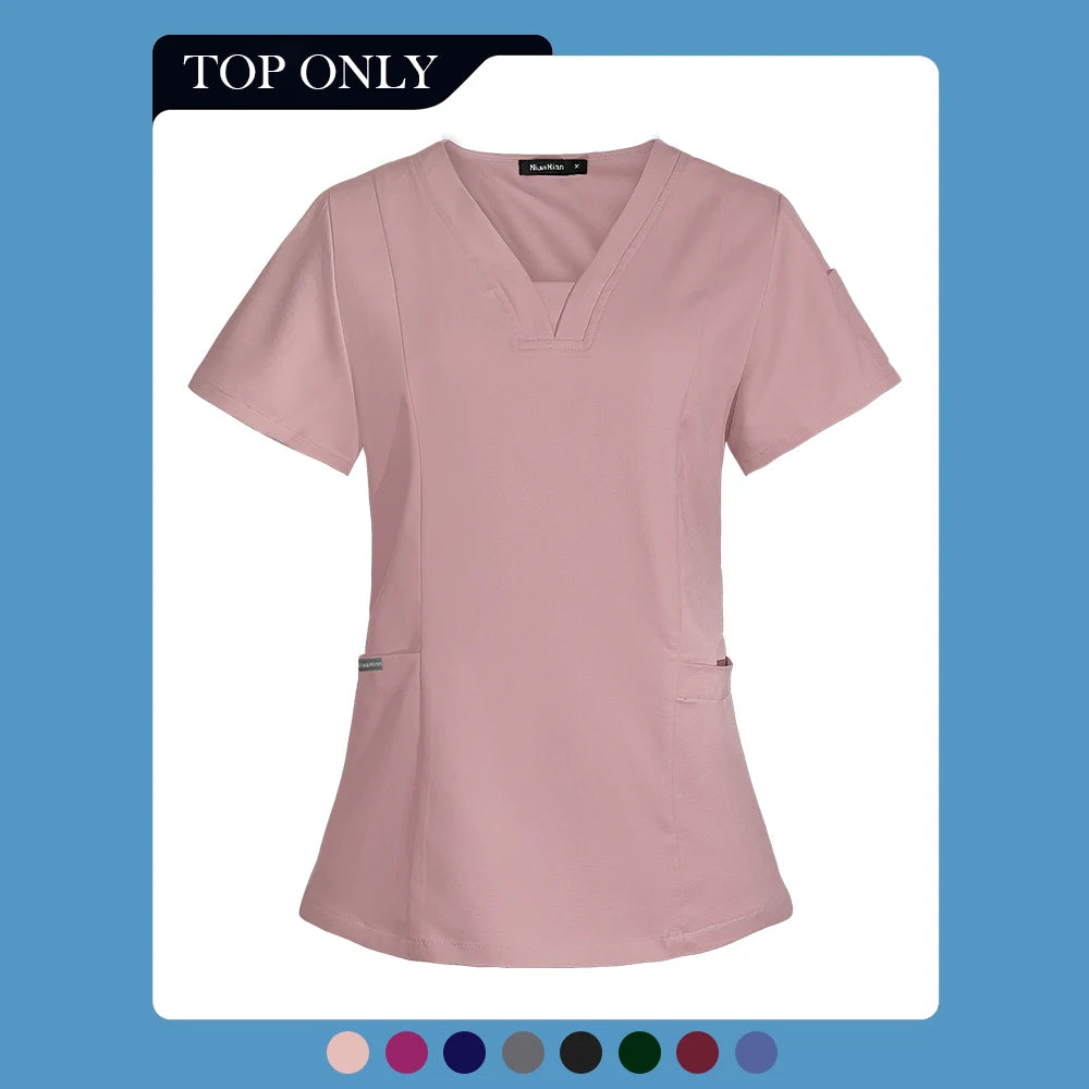 V-neck Short Sleeved Top Fashion Nurse Uniform Dentist Veterinary Work Uniform Unisex Healthcare Nurse Clothing Scrun Women Mens