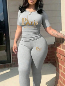 2026 women's new Paris printed two-piece set, casual short sleeved round neck T-shirt and tight pants long pants set