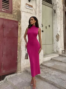 2025 Spring Sleeveless Knitwear Turtleneck Long Dress Female Slim Elegant Fashion Autumn Ribbed Knit Dress For Women Maxi Dress