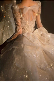 2024 Long Sleeve Beading Wedding Dress  Square Collar Luxury Sweep Train Winter Bridal Gowns Vestido De Noiva Customized