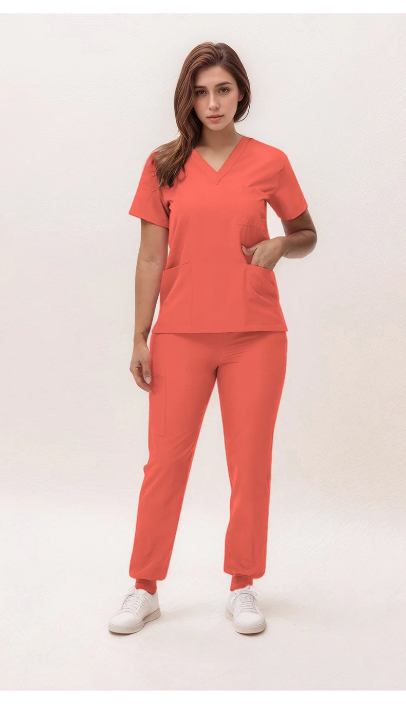 Stretchy Nurse Uniforms V-neck Top Jogger Pants Scrub Sets Surgical Workwear Dentist Nursing Suit Hospital Doctor Outfit S21