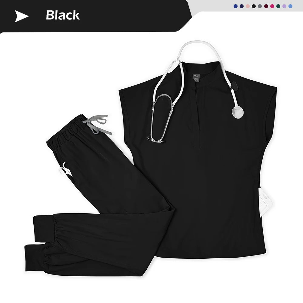 Wholesale Medical Scrub Set Spandex Stretch Nurse Scrub Beauty Spa Uniform Healthcare Nursing Pharmacy Lab Coat Clinical Uniform