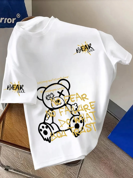 Fashionable men's summer personalized teddy bear letter print comfortable and breathable round neck T-shirt outdoor street top