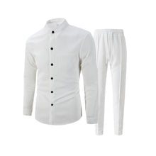 Chemise gaufrée pour homme, chemise tendance à col montant boutonné et pantalon, ensemble 1 ou 2 pièces, confortable, respirant et décontracté