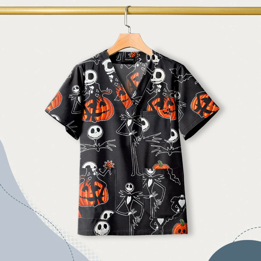 Nursing Uniforms Cartoon Printed Medical Elastic Hospital Doctor Unisex Halloween Christmas Costumes Women Men Nurse Scrubs Tops