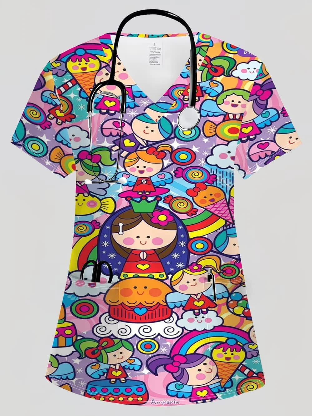 Surgical Uniforms Woman Tooth Cartoon Print Summer Nursing V-Neck Short Sleeve Tops Fashion Dental Microelastic Medical Uniform