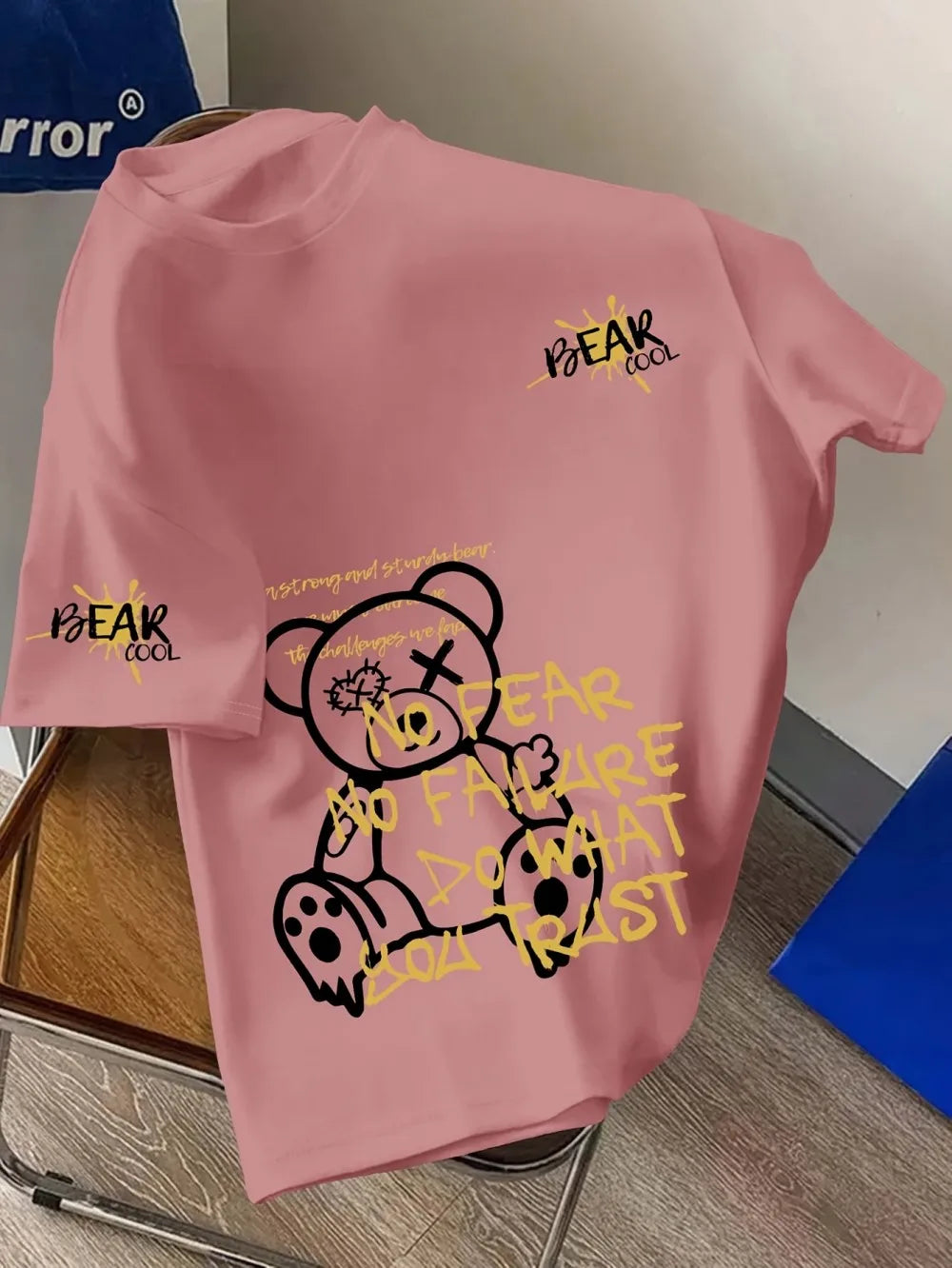 Fashionable men's summer personalized teddy bear letter print comfortable and breathable round neck T-shirt outdoor street top