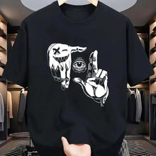 2025 Summer Men's Polyester Casual Breathable Round Neck T-shirt with Gesture Eye Personalized Pattern Printed Outdoor Top