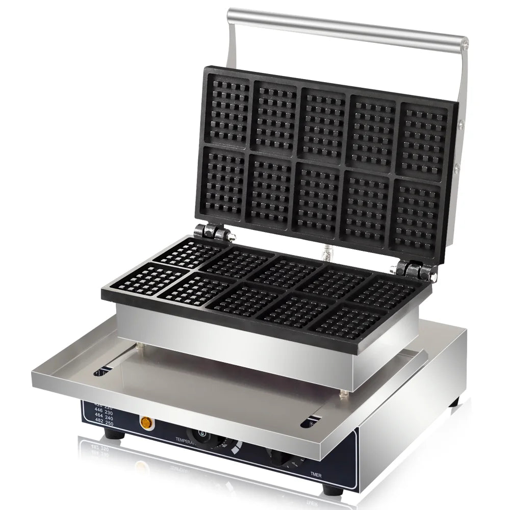 HPH2O Commercial Waffle Maker 10PCS Square Shape Waffle Machine 1550W Waffle NonStick Coating Baking and Dessert Maker
