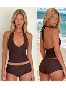Summer Women 2Pcs Bathing Suit Bikini Sexy Tankini Swimsuit Set Solid Halter Tops With Micro Shorts Female Swimwear Beachwear