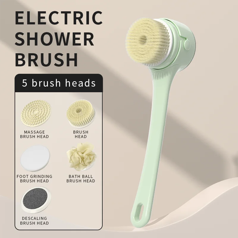 2025 NEW Electric Shower Body Cleaning Brush 5 Heads Spinning Spa Bath Brush Waterproof Long Handle Personal Back Rubbing 3 Gear