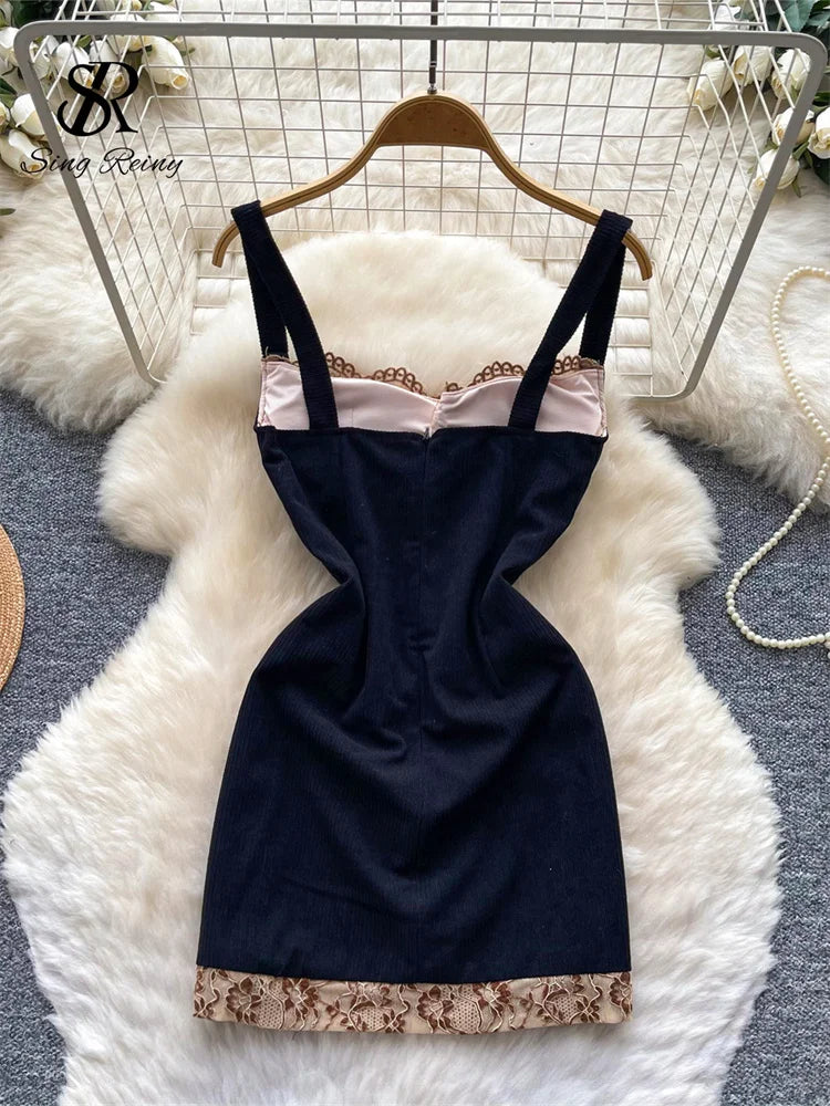 Singreiny Lace Up Mini Dress Slim Patchwork Lace Summer