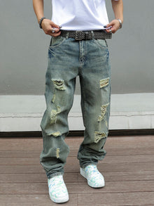 Y2K Distressed Skinny Jeans for Men Ripped Vintage High-Waisted Hip-Hop Streetwear Style