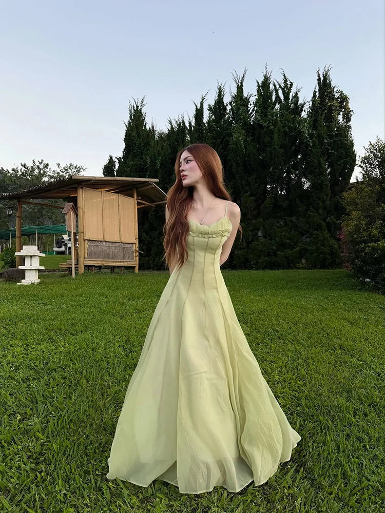 Spaghetti Strap Chiffon Lace Trim Flared Dress Sleeveless Waist Cinched 2026 Summer Formal Women Gown Chic Causal Lady Vestido