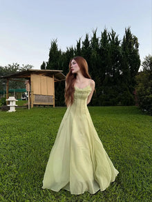 Spaghetti Strap Chiffon Lace Trim Flared Dress Sleeveless Waist Cinched 2026 Summer Formal Women Gown Chic Causal Lady Vestido