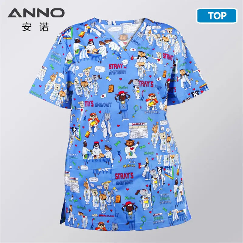 ANNO Hospital Staff Scrubs Top Medical Sanitary Nursing Uniform Dental Clinic Print Beauty Caregiver Coveralls