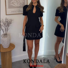 KONDALA Elegant Holiday Chic Women Mini Dress Black O-Neck Zipper Short Puff Sleeve Dress Fashion 2026 Spring Summer Party Dress