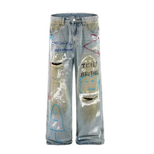 2026 New Street Graffiti Ripped Painted Jeans for Men, Straight Loose Wide-Leg Trendy Brand, Cool and High-End