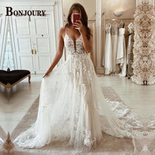 BONJOURY Simple V-neckline Wedding Dress for Woman Bride Satin Pockets Chapel Train Button Vestido De Casamento Drop Shipping