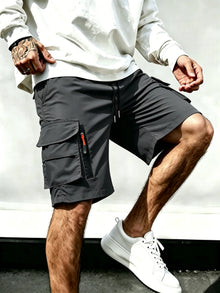 Men's Techwear Cargo Shorts with Multi Zipper Pockets, Elastic Drawstring Waist, Contrast Zipper Detail, Quick Dry Fabric for St