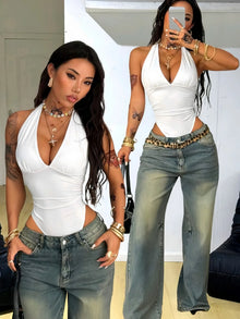 Women Halter Deep V Neck Side Ruched Slim High Cut Bodysuit 2026 Summer Y2K Streetwear Sleeveless Tank Top