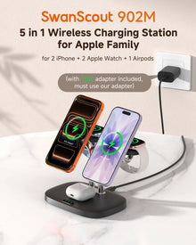 SwanScout 902M Magnetic 5-in-1 Wireless Charger for Dual Phone for iPhone 17 16 Dual Watch Charger for Apple Watch SE3 11 Ultra