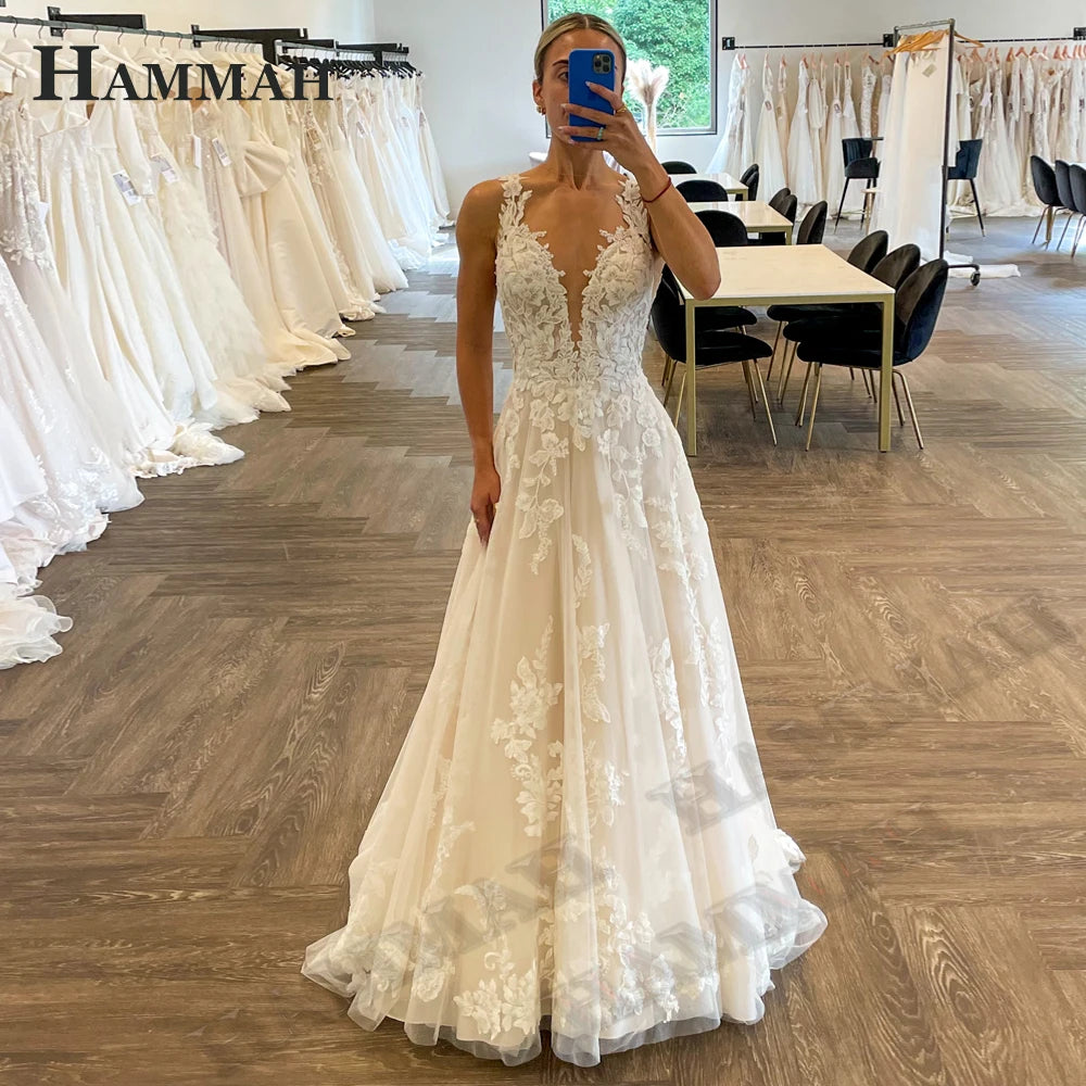HAMMAH Elegant V Neck Wedding Dresses Mermaid Appliques Lace Spaghetti Strap Satin Court Train Robe De Mariee Customized