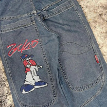 Retro Y2K American Street Style Loose Casual Wide Leg Denim Jeans Big Pocket Pattern Print Trendy mid Waist Cotton Blend