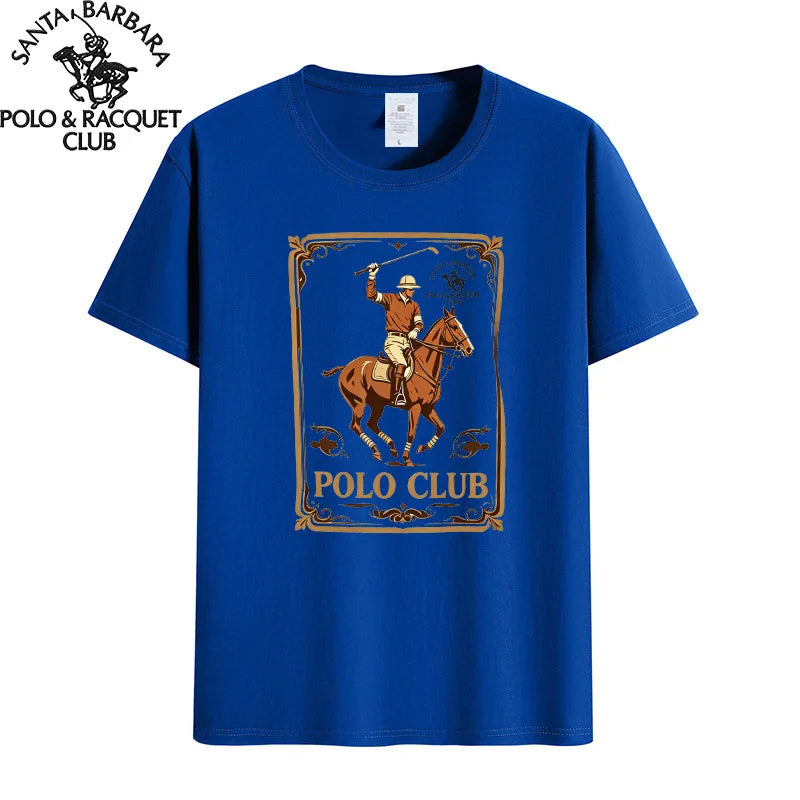 Santa Barbara Polo & Racquet Club Men's T-shirt Vintage Polo Player Print 100% Cotton Casual O-Neck Tee