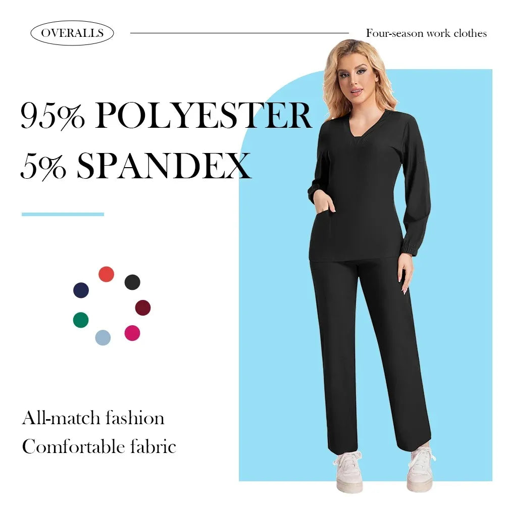 New Scrubs Nurse Uniforms Long Sleeve V-neck Top+Straight Pants Women Multicolor Nursing Scrubs Set Pet Doctor Medical Workwear