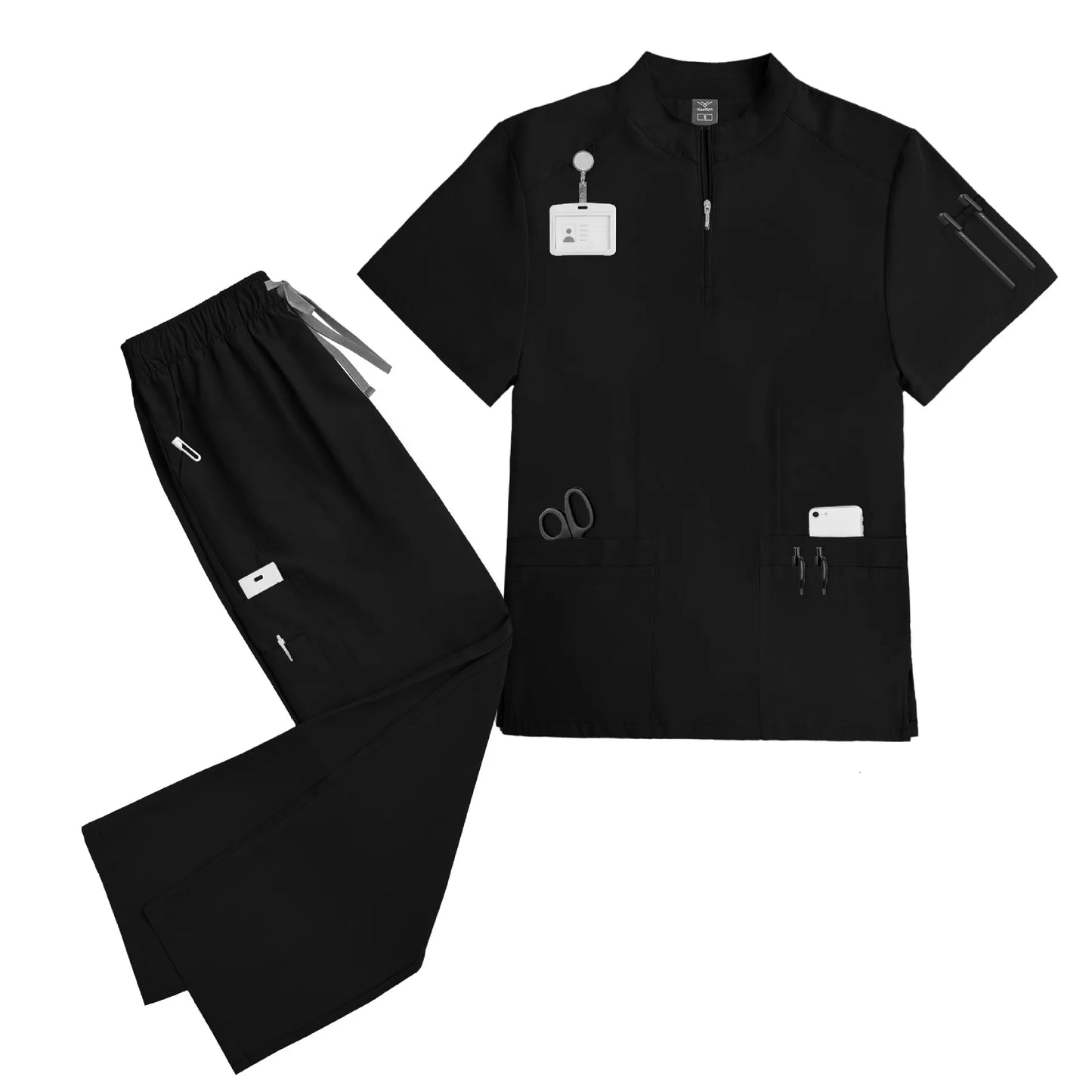 Elastic quick-dry scrub top, men's and women's surgical scrubs for doctors, beauty salon operating room scrub uniforms