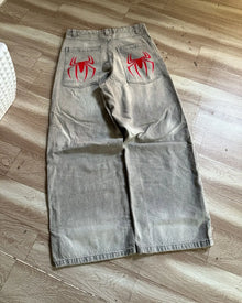 Harajuku Gothic Grey Girl Spider Print Baggy Jeans Jeans Vintage Streetwear Y2K Pants Mens High Waist Wide Leg Trousers