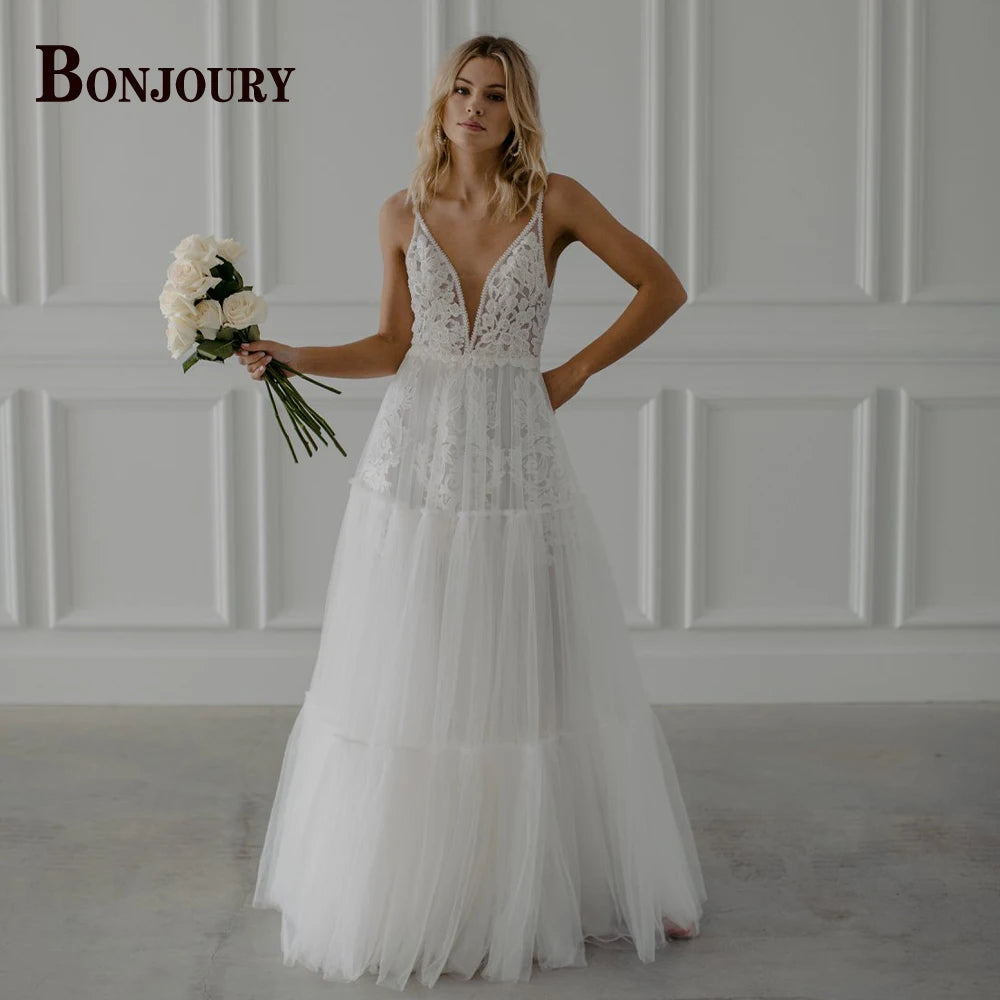 BONJOURY Simple V-neckline Wedding Dress for Woman Bride Satin Pockets Chapel Train Button Vestido De Casamento Drop Shipping