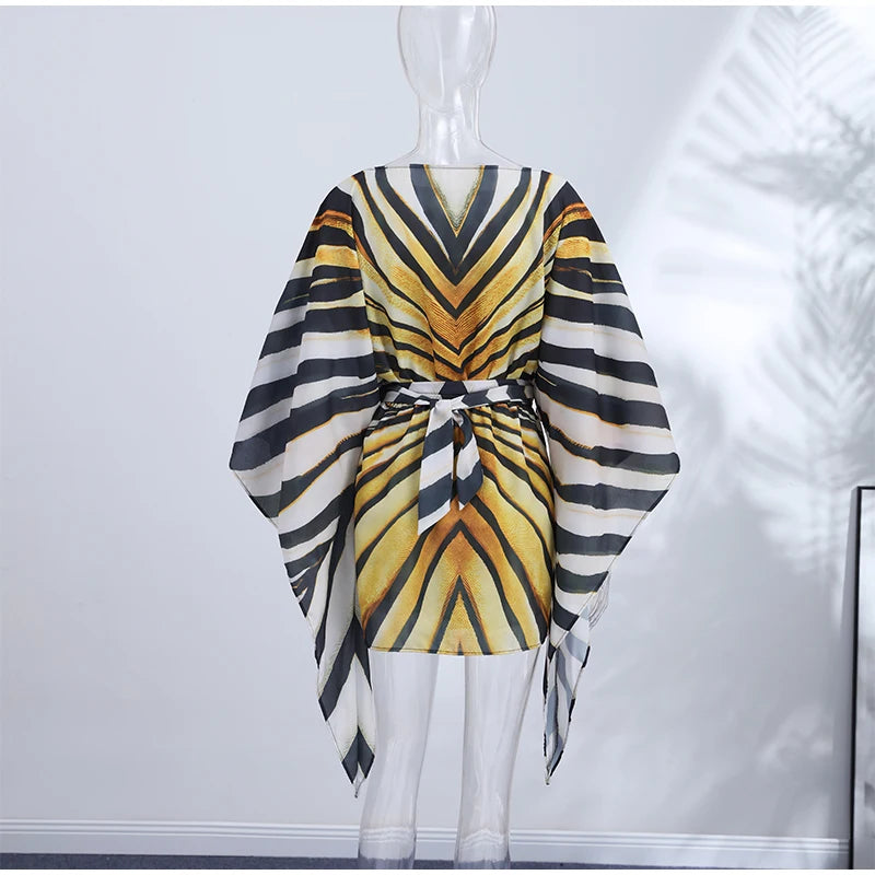 Holiday Loose Striped Mini Dress Women Round Neck Batwing Sleeve Lace Up Chic Dresses Female 2026 Summer Vacation Beach Robes