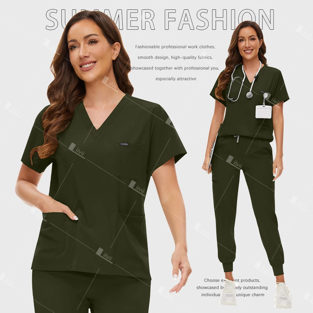 Fashion Surgical Uniforms Medical Scrub Set Doctor Nurse Clinical Workwear Nursing Suit Beauty Spa Work Clothes Scrubs Top Pants