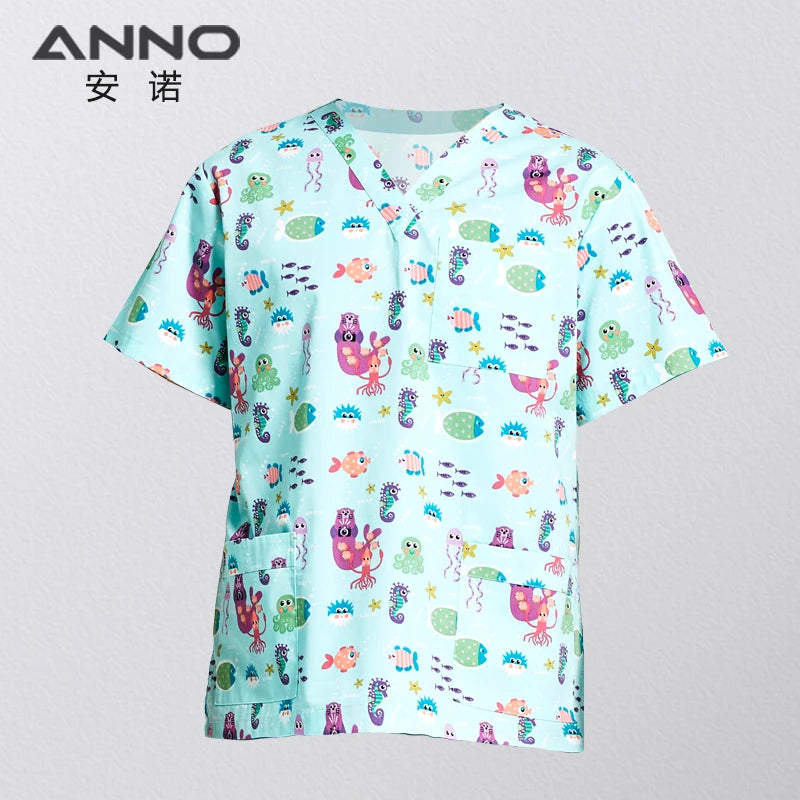 ANNO Hospital Staff Scrubs Top Medical Sanitary Nursing Uniform Dental Clinic Print Beauty Caregiver Coveralls