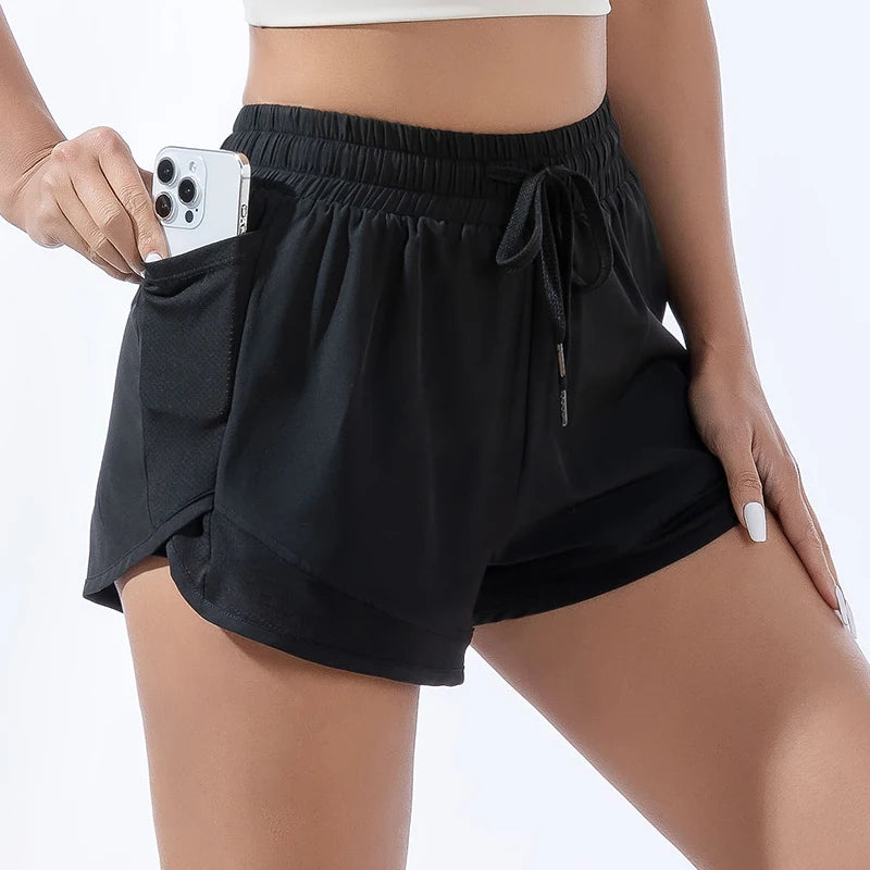 Loose sports shorts women's high-waisted double-layer anti-glare yoga fitness pants running quick-drying training outerwear hot