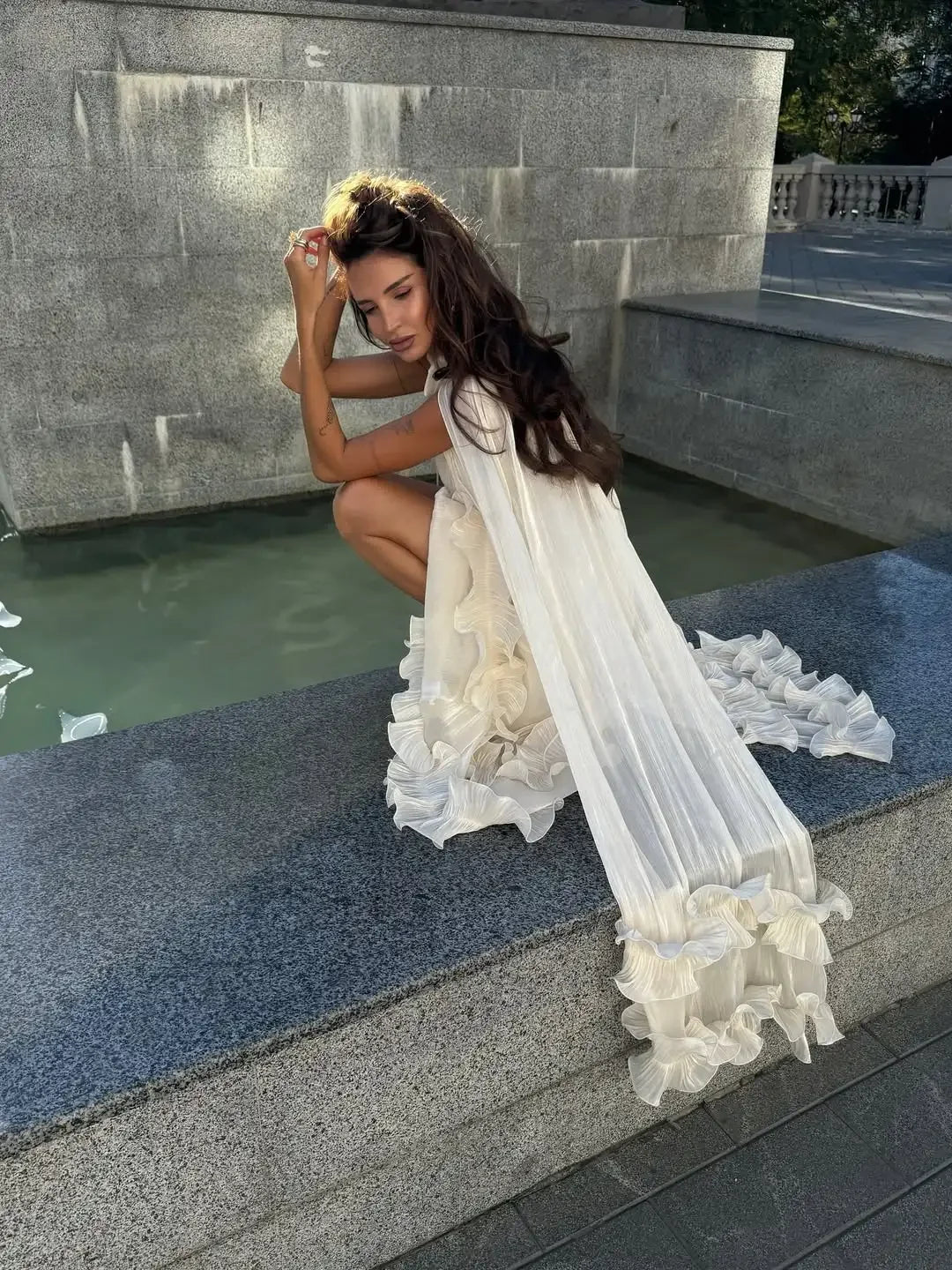 Women Solid Cloak Long Dresses Fashion Stand Neck Lace Sleeveless Ruffle Irregular Hem Dress 2025 New Summer Street Lady Gown