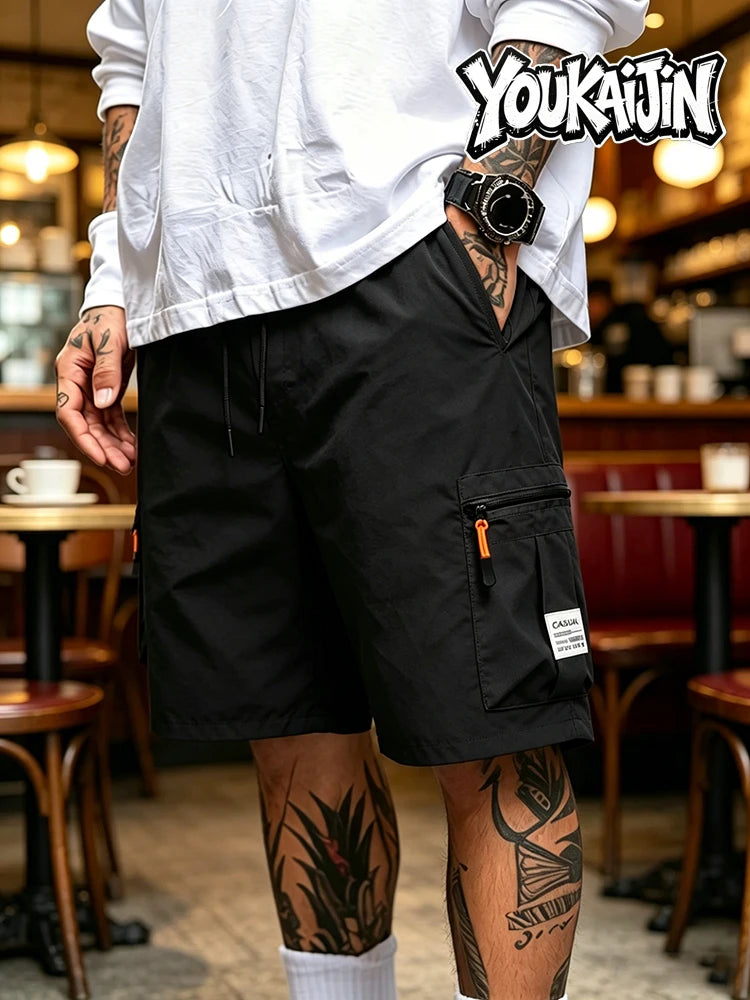 Summer Men's Quick Dry Cargo Shorts Loose Fit Elastic Waist Drawstring Multi Zipper Pockets Outdoor Fishing Hiking EU Size