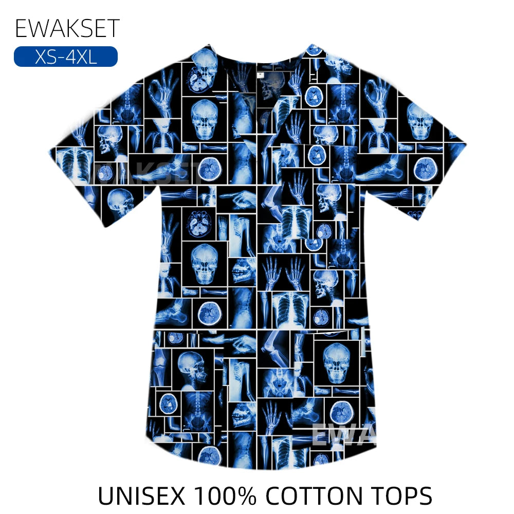 New Top for orthopedics Cotton bones skeleton printed Medical Blouse V-neck Nurse Doctor Operating T shirts Unisex Scrub Clothes