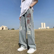 Y2k Streetwear Printed Ripped Hole Jeans Men Wide Leg Denim Baggy Pants Vintage Casual Jeans Straight Trousers